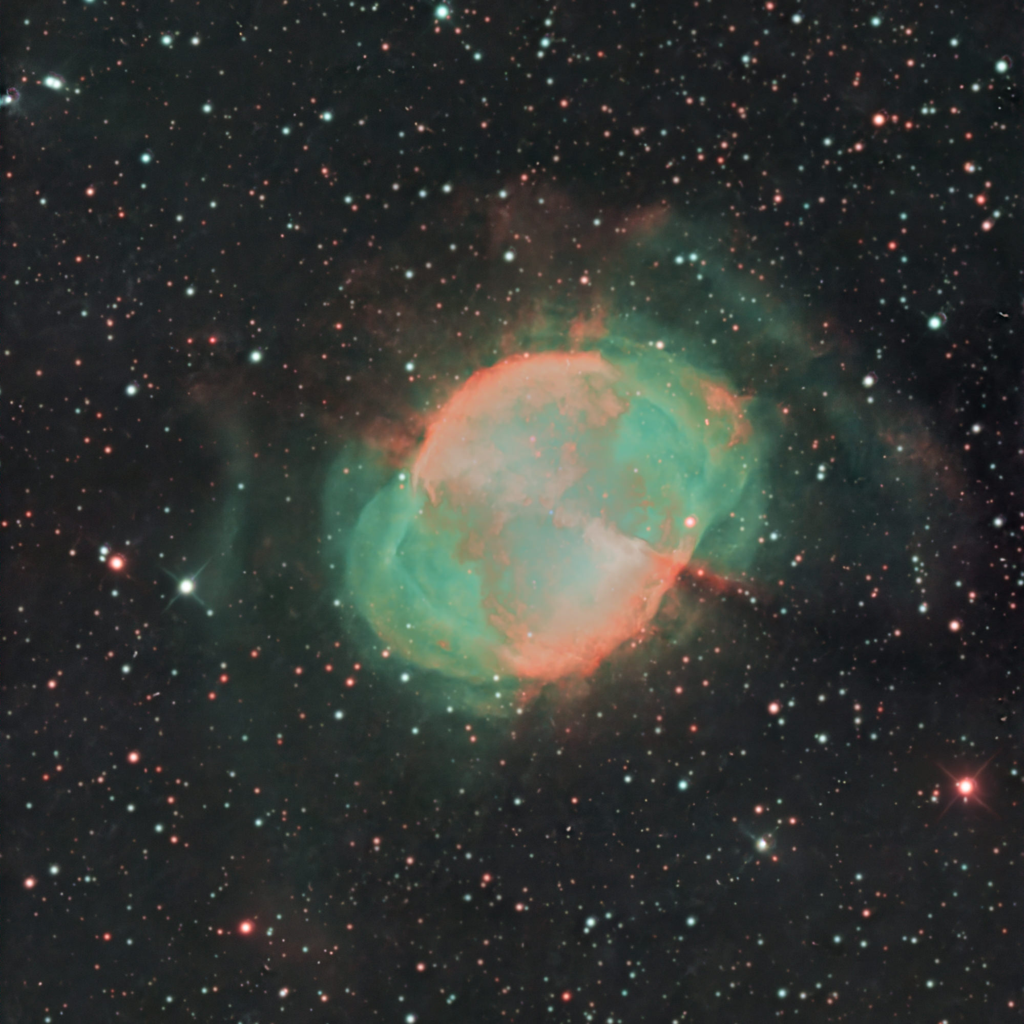 The Dumbbell Nebula Messier 27 is a mag 7.5 planetary nebula about 1300 light years distant in the constellation of the Fox. Formed about 10,000 years ago from the envelope ejected from a red giant star in its terminal phase, the nebula is expanding at a speed of about 30 km/s. The core of the giant star remained in the center of the nebula as a white dwarf with a temperature of over 100,000 Kelvin and a magnitude of 14.